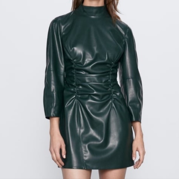 Zara Dark Green Faux Vegan Cinched Waist Leather Short Dress Long Sleeve Sz M - Picture 1 of 8